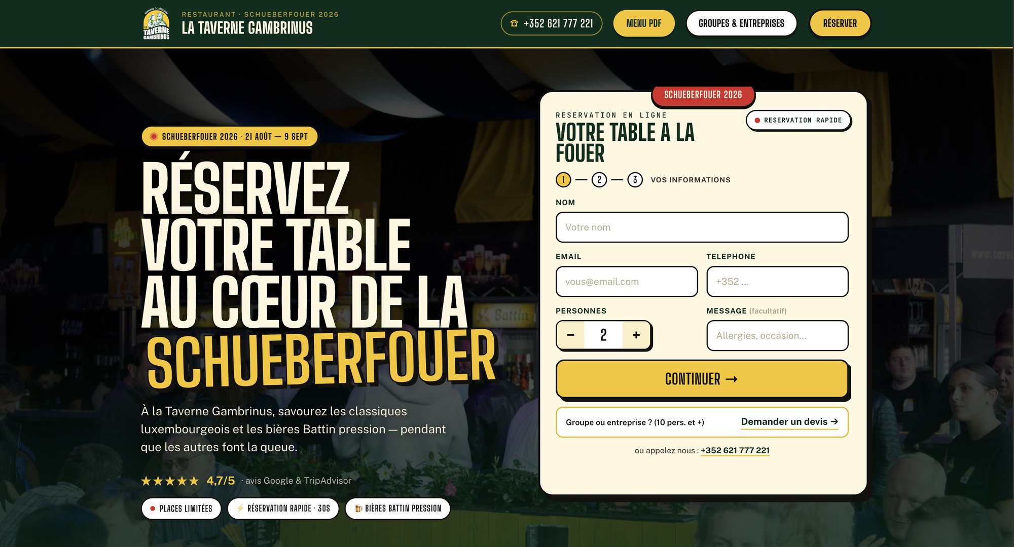 Page d'accueil du site avec le formulaire de réservation dans le premier écran