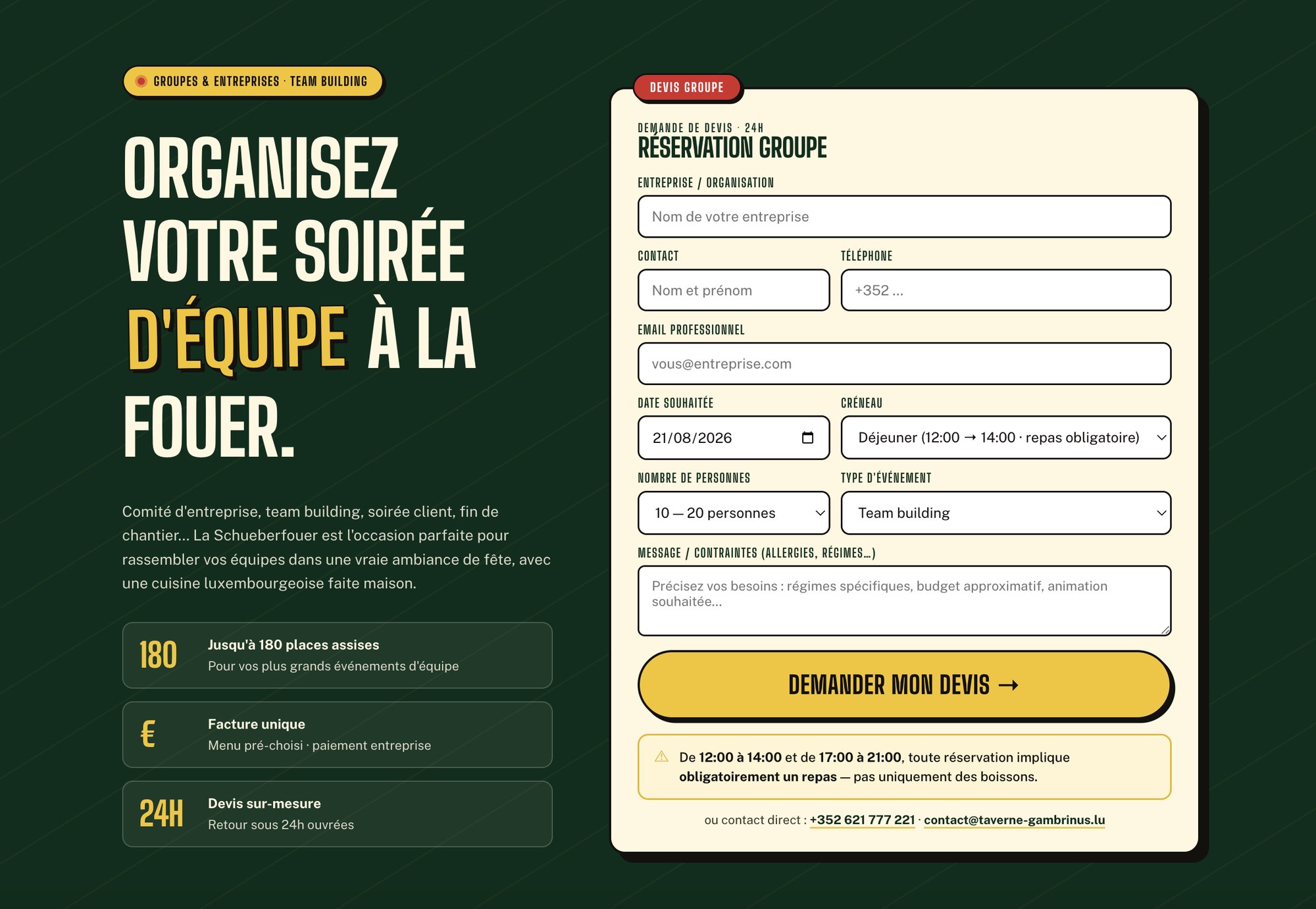 Espace groupes et entreprises avec formulaire de demande de devis