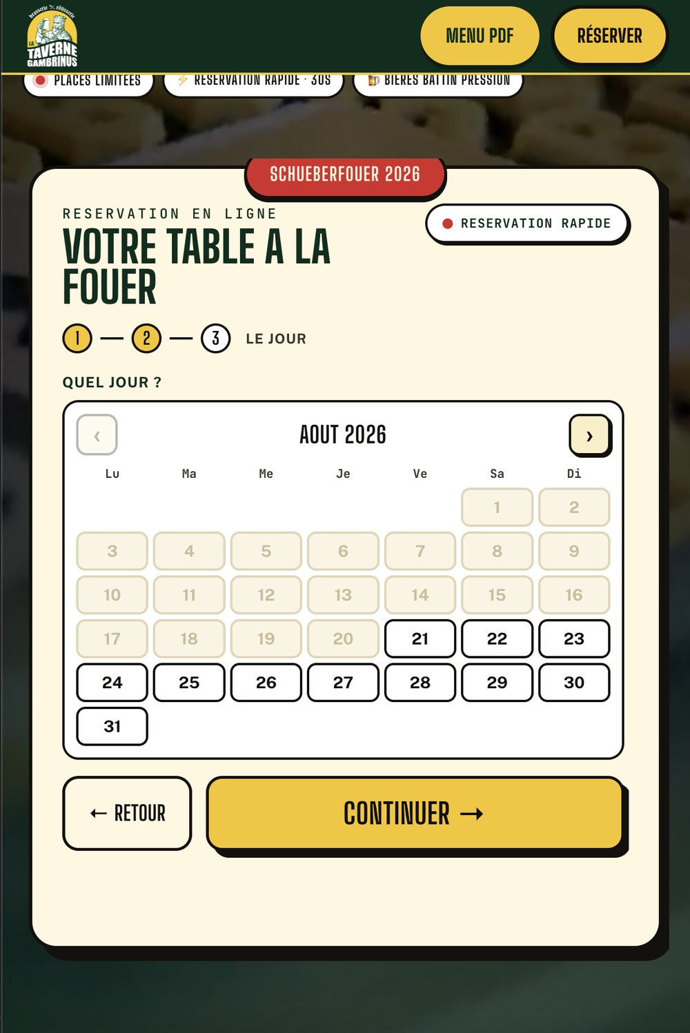 Étape 2 du tunnel de réservation : choix du jour dans le calendrier
