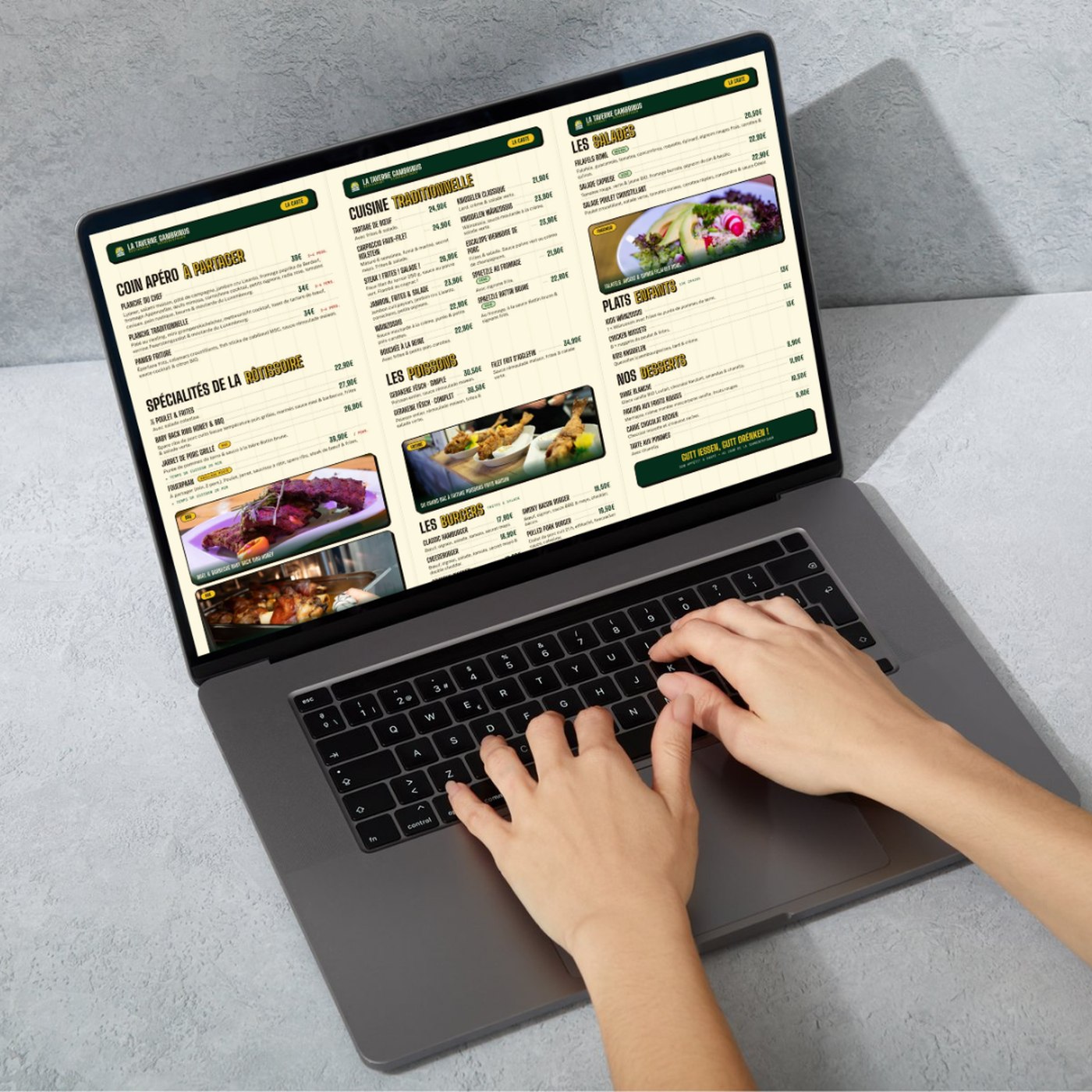 La carte digitale de la Taverne Gambrinus ouverte sur un ordinateur portable
