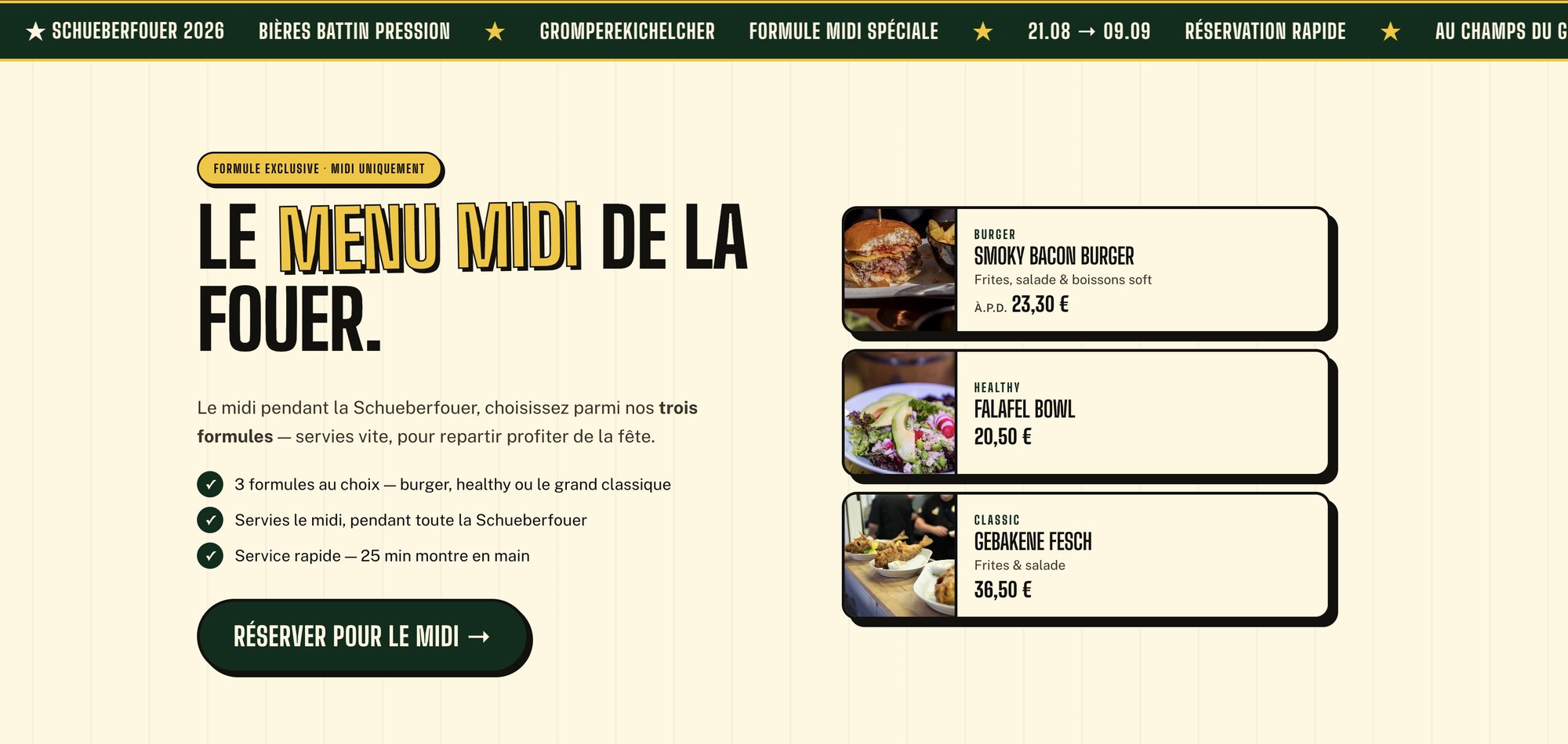 Le bloc menu midi du site : trois formules et un bouton de réservation dédié