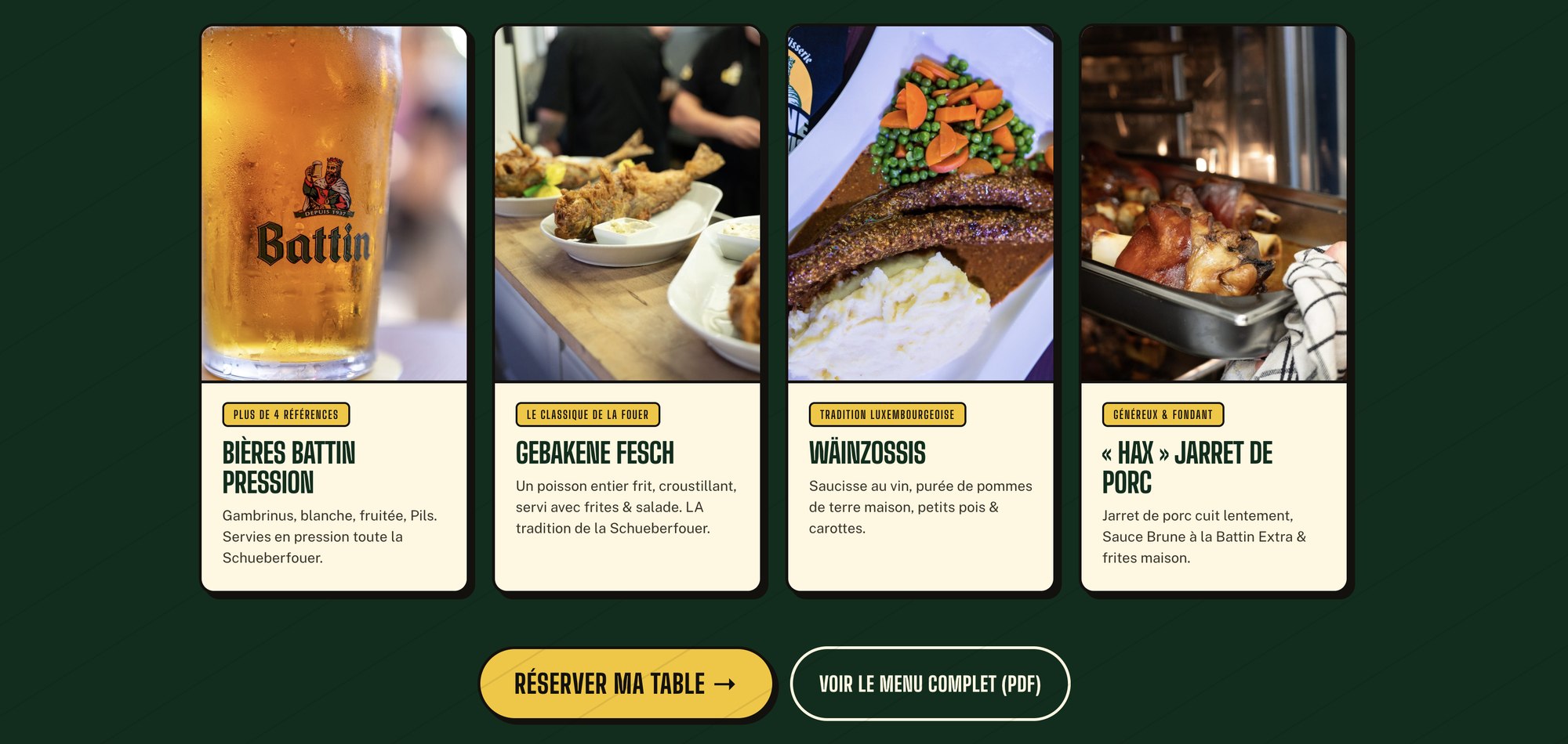 Les spécialités de la taverne présentées en cartes sur le site